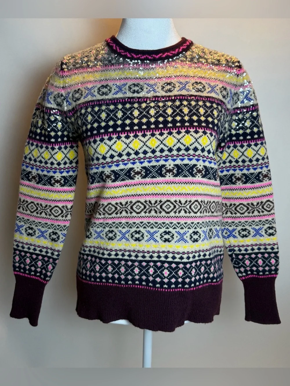 J. Crew Sequin Multicolor Fair Isle Lambswool Crewneck Sweater